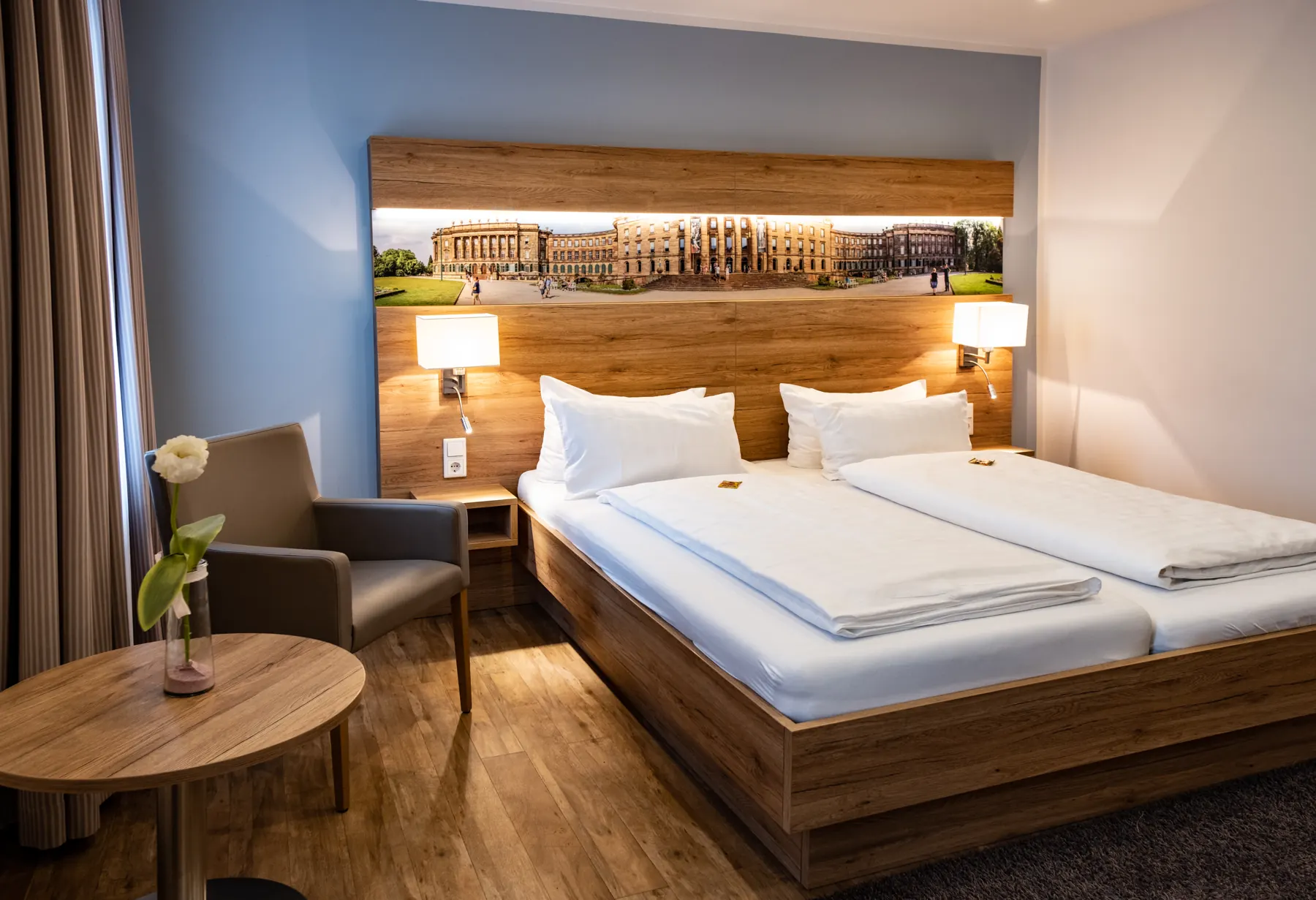 Double bed with illuminated headboard